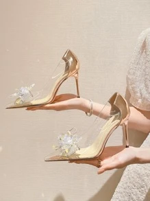 Women's Crystal Clear High Heels With Pointed Toe, Stiletto Heels, Rhinestone & Bowknot Decor, Champagne Color - Champagne - View 1