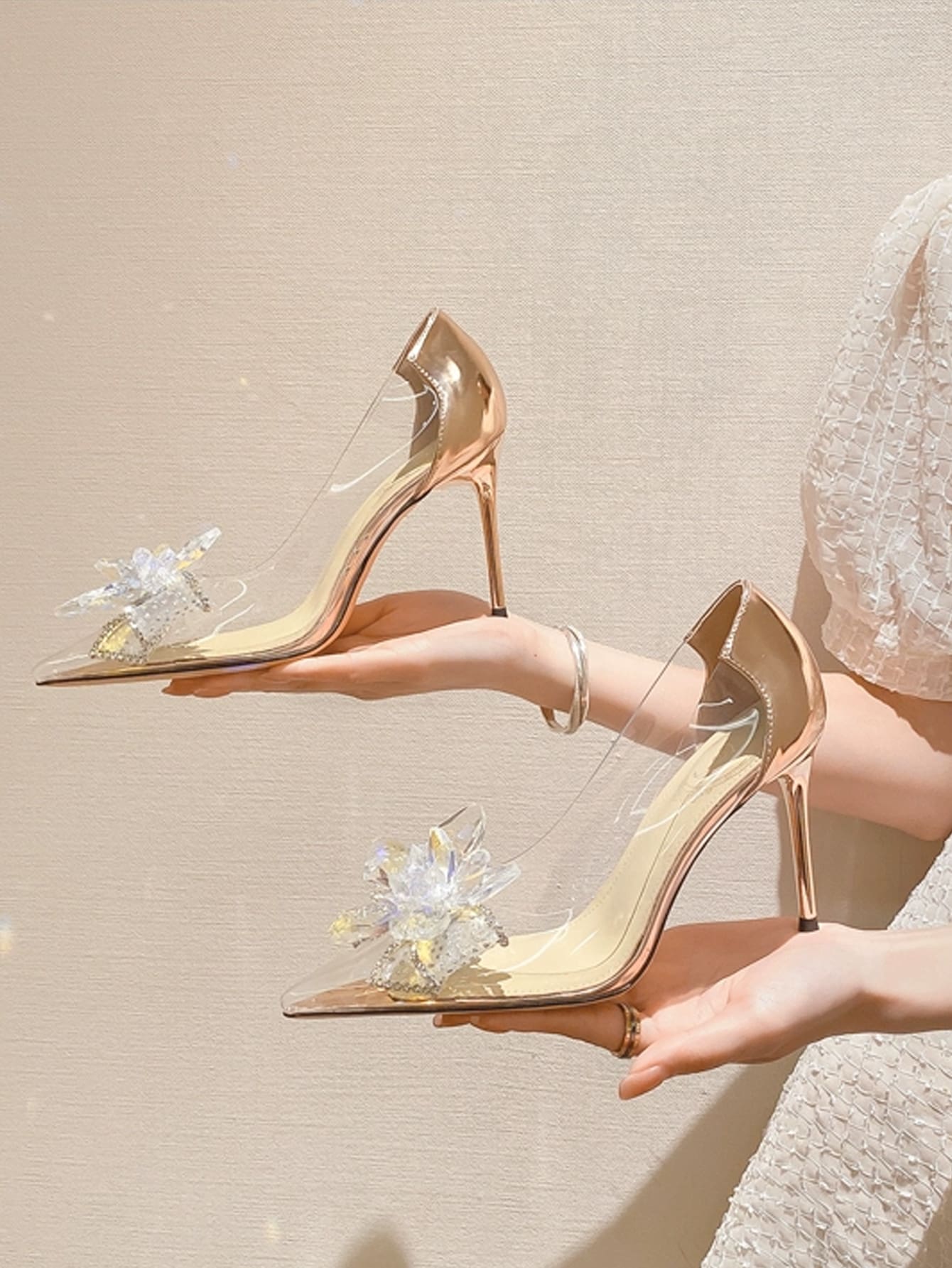 Women's Crystal Clear High Heels With Pointed Toe, Stiletto Heels, Rhinestone & Bowknot Decor, Champagne Color - Champagne - View 1