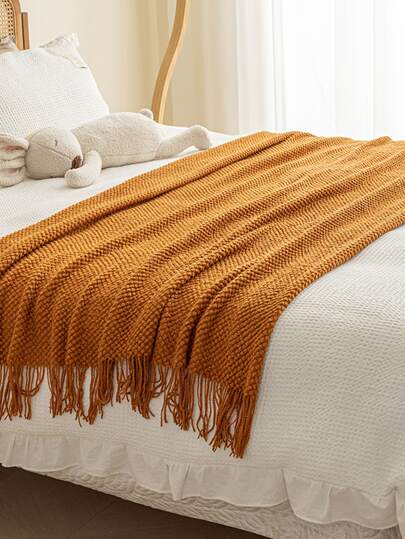 1pc Solid Color Knitted Blanket, Nordic Style Acrylic Rectangle Office Nap Sofa Blanket, Air-conditioned Blanket, Bed End Carpet, Shawl, Covering Blanket, Throw Blanket