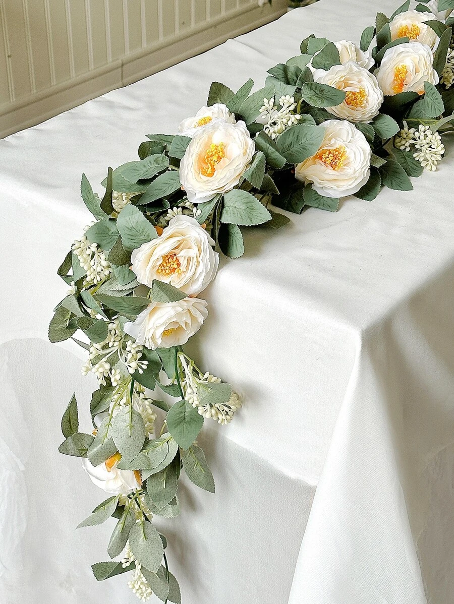 1pc Artificial Eucalyptus Flower Garland With Fake Rose Flower Vine Seeded Eucalyptus Leaves Greenery Garland For Wedding Table Runner Backdrop Party Centerpiece Room Decor