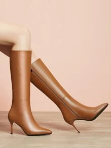 Women's Pointed Toe Thin High Heel Knee High Riding Boots - Brown - View 3