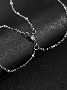 Double Layer Necklace With Rhinestone & Beads Design Chain, Fashionable And Versatile - Silver - View 2