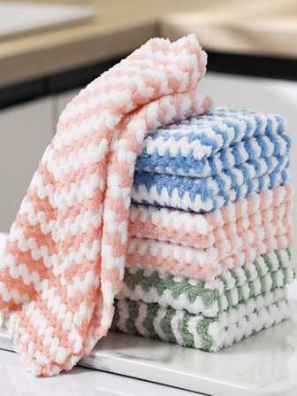 5 件装多色加厚水波纹理厨房清洁布，珊瑚绒吸油洗碗布，厨房，浴室，家居，家居用品