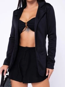 Blazer terninho feminino costura dupla social casaco acinturado - Preto - Visão 1
