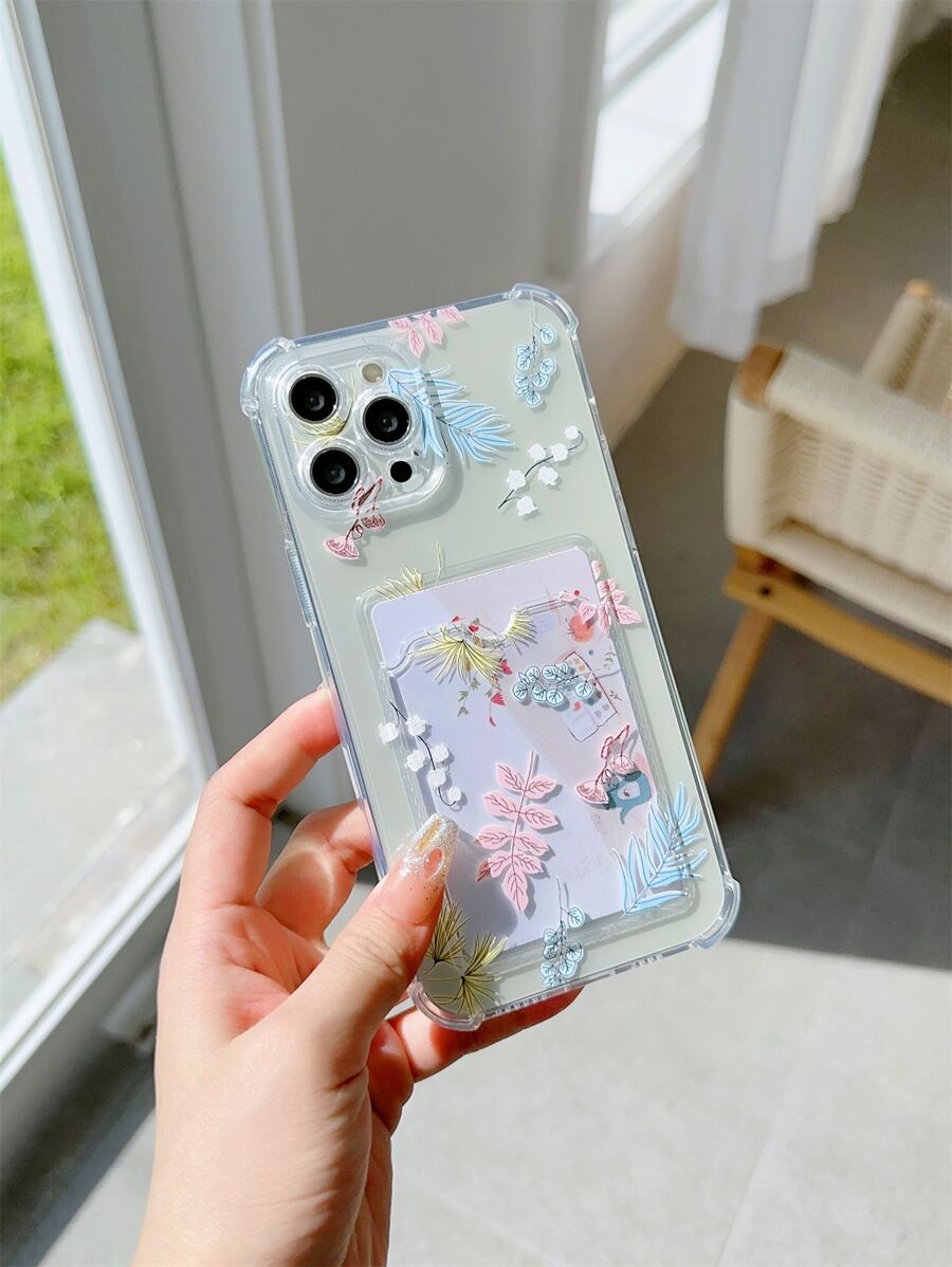 Funda para móvil con estampado de hoja transparente con ranura de tarjeta - Multicolor - Ver 1