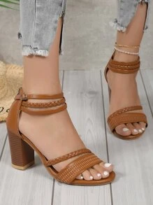 Sandalias de tacón alto tejidas para mujer de tallas grandes, zapatos de tacón grueso casual con cremallera en la parte trasera, estilo romano - Café integral - Ver 4