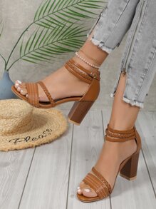 Sandalias de tacón alto tejidas para mujer de tallas grandes, zapatos de tacón grueso casual con cremallera en la parte trasera, estilo romano - Café integral - Ver 2