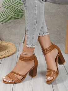 Sandalias de tacón alto tejidas para mujer de tallas grandes, zapatos de tacón grueso casual con cremallera en la parte trasera, estilo romano - Café integral - Ver 3