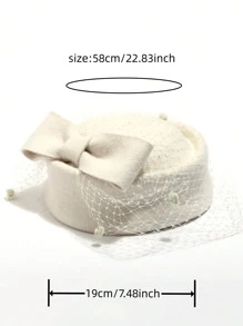 1入優雅的英式風格空姐蝴蝶結羊毛帽，帶有網紗和蕾絲細節，適用於女性 - 白色 - 查看 4