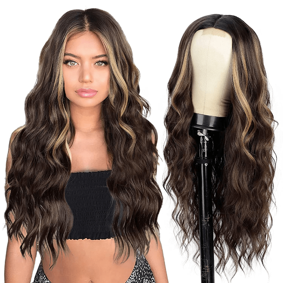 Pelucas Largas Y Onduladas De 24 Pulgadas/60cm Para Mujer Con Pelo Sintético Marrón Y Dorado Con Partición Central, Hechas De Fibra Similar A La Seda Resistente Al Calor Y A Alta Temperatura, Adecuadas Para Uso Diario Y En Fiestas