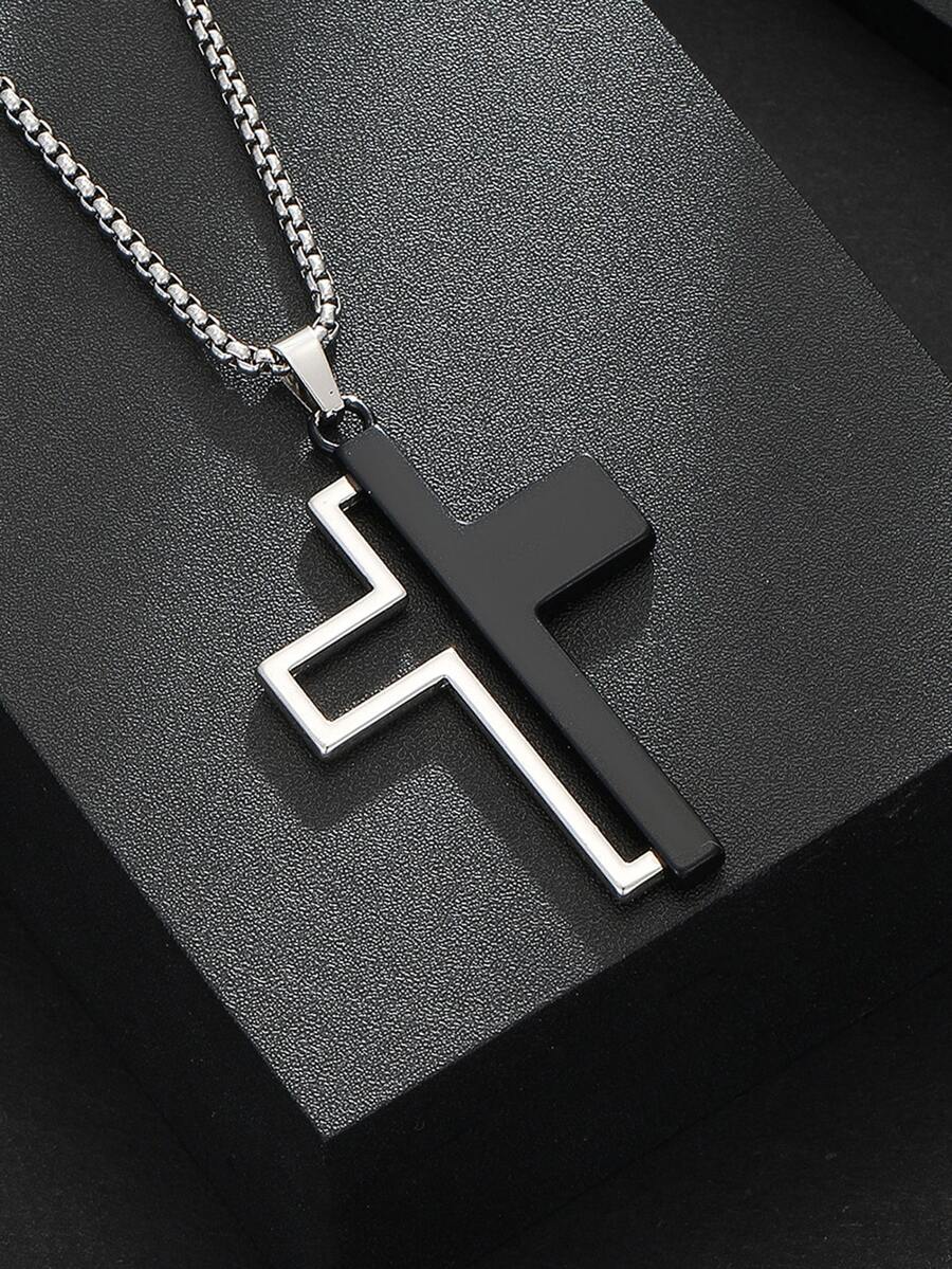 Personalized Black & White Cross Pendant Necklace For Men, Fashionable & Exquisite Accessory - Black - View 1