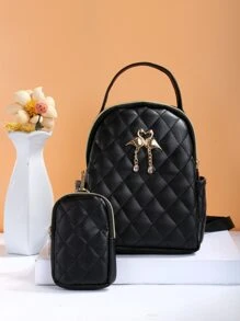 Bags > Women's Bags > Women's Backpacks > Women's Fashion Backpack Solid Color New Embroidered Niche Women's Backpack Korean Style Crossbody One Shoulder Backpack Fashion Student Backpack Mother-Daughter Bag - Black - View 5