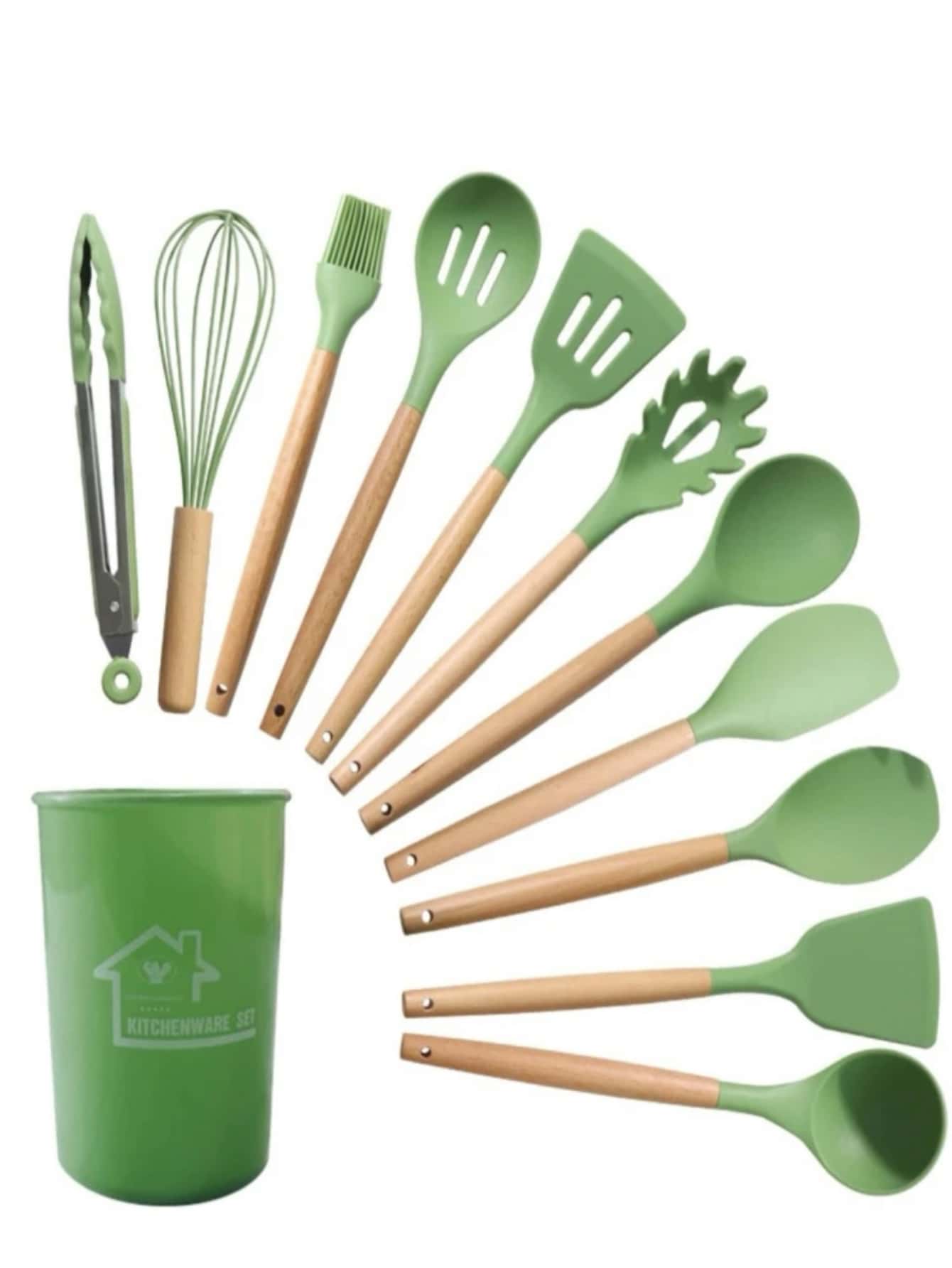 Kitchen utensils, cooking utensils set,Kitchen Tools European Style Non-Stick cookware Silicone Spatula 12 Piece Set with Storage Barrel high Temperature Resistant Set - Verde Lima - Ver 1