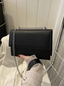 Mini Simple Solid Colour Chain Strap Fashion Crossbody Bag - Black - View 3