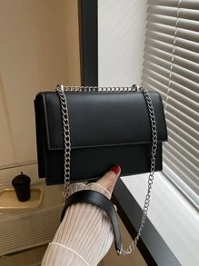 Mini Simple Solid Colour Chain Strap Fashion Crossbody Bag - Black - View 2