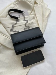 Mini Simple Solid Colour Chain Strap Fashion Crossbody Bag - Black - View 7