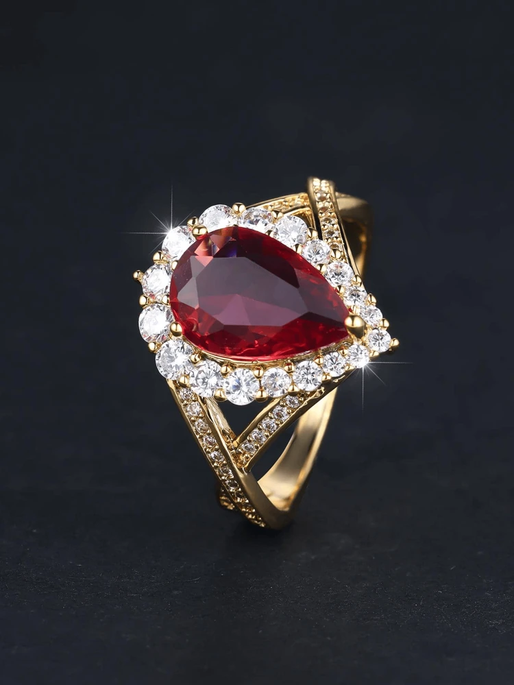 Fashionable & Eye-Catching Valentine's Day Gift, Gold-Color And Exaggerated Red Cubic Zirconia Decor Ring, Ideal For Women's Gift, Luxury Dating & Engagement Accessory Valentines,Mom,Mother,Mother's Day,Gift