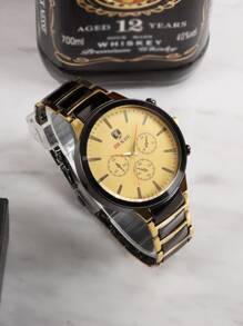 1入組時尚黑色&金色圓形商務休閒男士手錶套裝,石英機芯 - 金色 - 查看 10