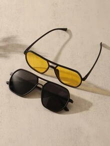 2pcs/Set Men's Fashionable Square Shape Aviator Plastic Frame Fashion Glasses - Multicolor - View 2