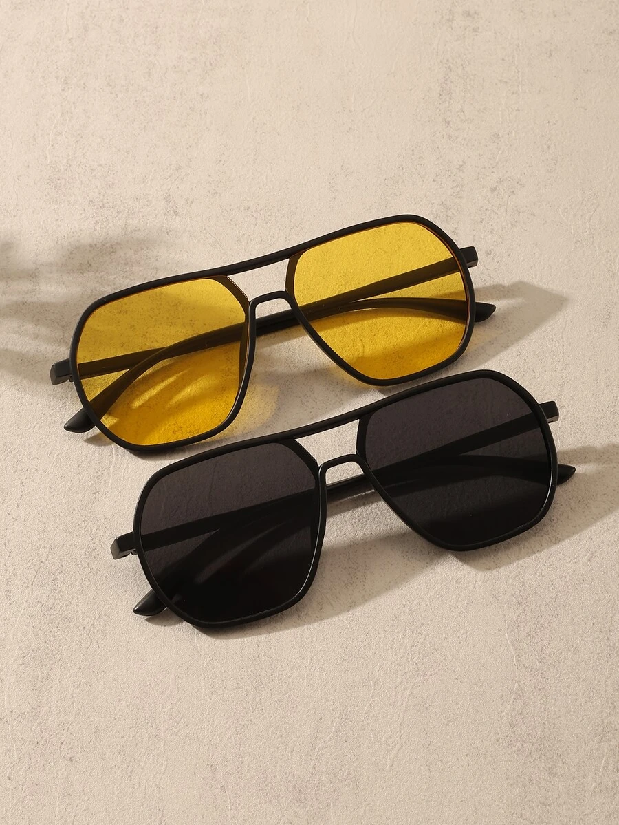 2pcs/Set Men's Fashionable Square Shape Aviator Plastic Frame Fashion Glasses - Multicolor - View 1