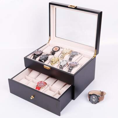 Relojero Alhajero Organizador Y exhibidor de relojes y Joyería, Grande, con dos niveles, tapa de cristal, acabado fino, para 20 relojes con compartimento para joyas