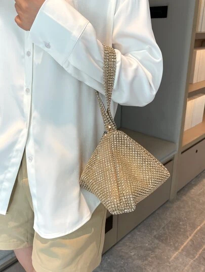 Bolso cubo ligero y de negocios casuales con decoración de rhinestones, diseño de cordón de cierre, bolso transparente con perlas, bolso de noche elegante y exquisito, lujo discreto con rhinestones perfecto para fiesta, cena/banquete, vestido de Navidad, bolso de rhinestones glamoroso para niña, mujer, novia