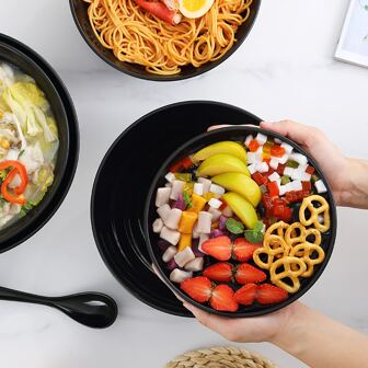 1pc Unbreakable Plastic Japanese Bowl Set With Spoon, For Pho, Thai, Miso, Udon Noodles - Dishwasher And Microwave Safe, Family Bowl Set (Black)Christmas Gift,School Supplies