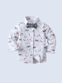 BOARNSEORL 2 件套男婴绅士装，长袖随机印花衬衫，配领结和围兜裤，时尚适合生日派对、婚礼、洗礼、1 岁生日 - 灰色 - 查看 5