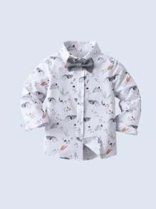 BOARNSEORL 2 件套男婴绅士装，长袖随机印花衬衫，配领结和围兜裤，时尚适合生日派对、婚礼、洗礼、1 岁生日 - 灰色 - 查看 4