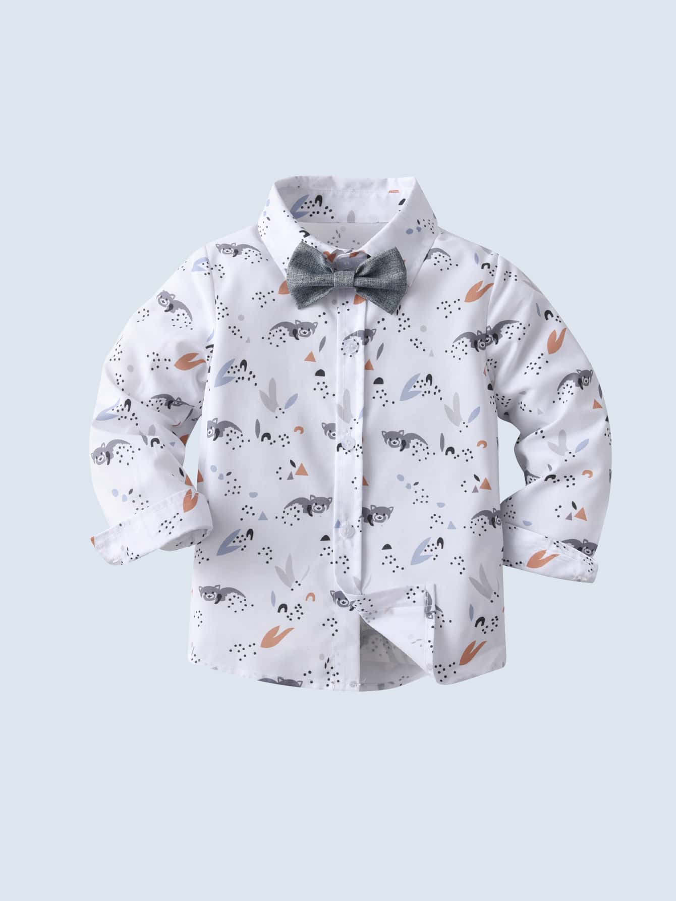 BOARNSEORL 2pcs Baby Boys Gentleman Outfit, Long Sleeve Random Print Shirt With Bow Tie And Suspender Pants, Fashionablntic Formal Wear For Parties, Weddings, And Outdoor Events - Grey - View 1