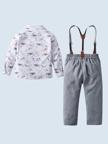 BOARNSEORL 2 件套男婴绅士装，长袖随机印花衬衫，配领结和围兜裤，时尚适合生日派对、婚礼、洗礼、1 岁生日 - 灰色 - 查看 2