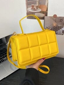 Lightweight, Business Casual Mini Square Bag Quilted Asymmetric Flap PU For Teen Girls Women College Students, Rookies & White-Collar Workers Perfect For Office, College, Work, Business, Commute, Outdoors, Travel, Outings, Fashionable Butter Yellow Bag For Women - Yellow - View 2