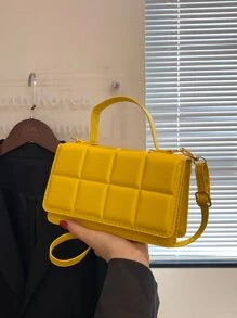 Lightweight, Business Casual Mini Square Bag Quilted Asymmetric Flap PU For Teen Girls Women College Students, Rookies & White-Collar Workers Perfect For Office, College, Work, Business, Commute, Outdoors, Travel, Outings, Fashionable Butter Yellow Bag For Women - Yellow - View 4