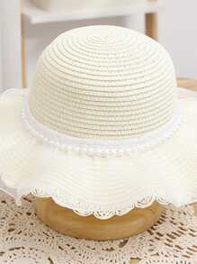 1pc Girls' Cute Princess Pearl Mermaid Tail Straw Sun Hat, Breathable Sunscreen Beach Hat, Suitable For Daily Wear
