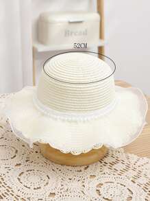 1pc Girls' Cute Princess Pearl Mermaid Tail Straw Sun Hat, Breathable Sunscreen Beach Hat, Suitable For Daily Wear