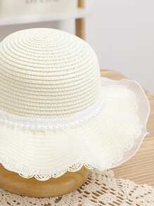 1pc Girls' Cute Princess Pearl Mermaid Tail Straw Sun Hat, Breathable Sunscreen Beach Hat, Suitable For Daily Wear