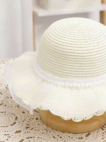 1pc Girls' Cute Princess Pearl Mermaid Tail Straw Sun Hat, Breathable Sunscreen Beach Hat, Suitable For Daily Wear
