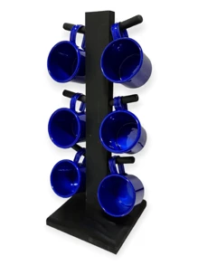 Kit Jogo 6 Xícara Café Chá Azul com Suporte Madeira Preta Mesa Cozinha Balcão - Azul - Visão 2