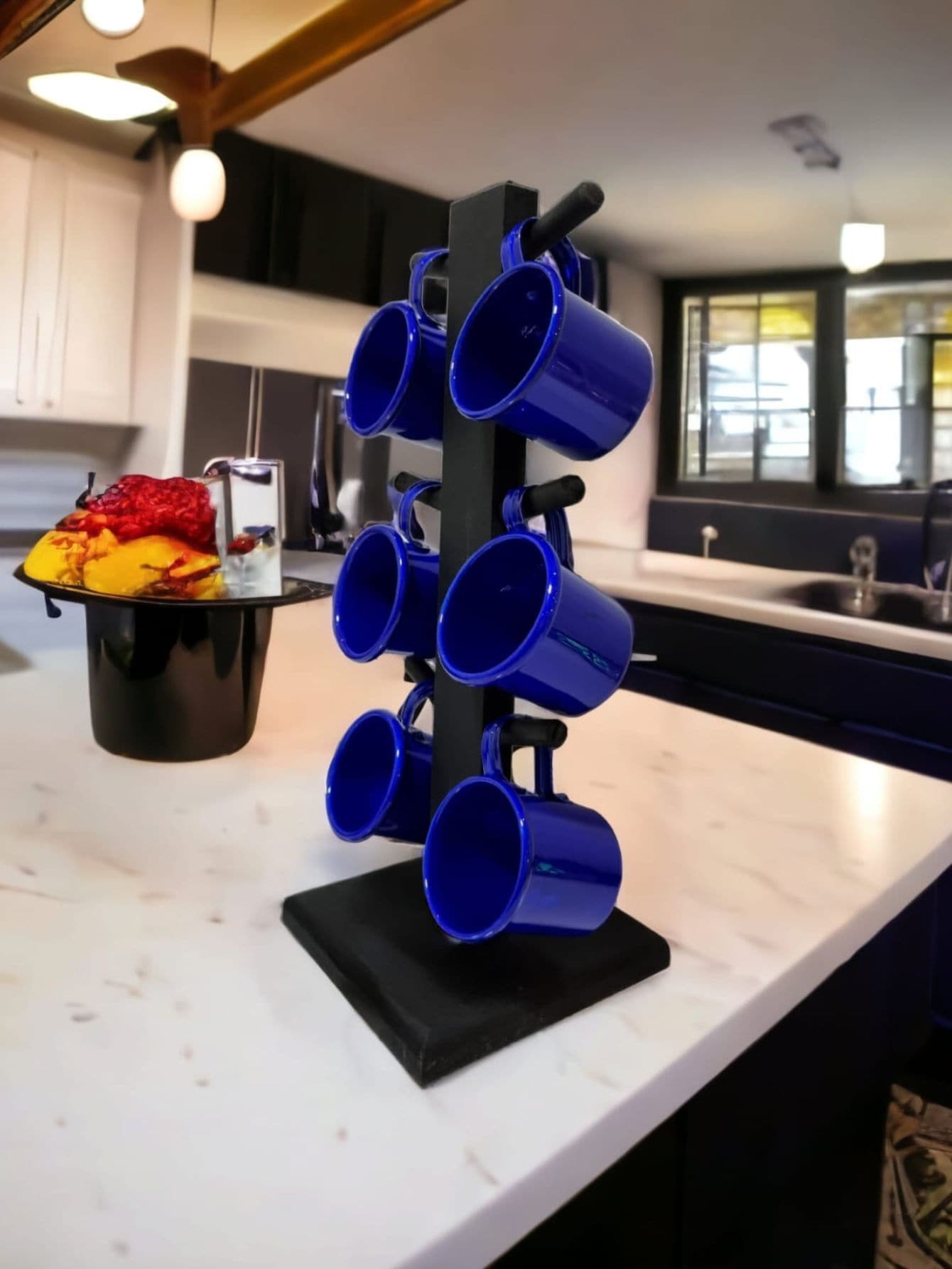 Kit Jogo 6 Xícara Café Chá Azul com Suporte Madeira Preta Mesa Cozinha Balcão - Azul - Visão 1