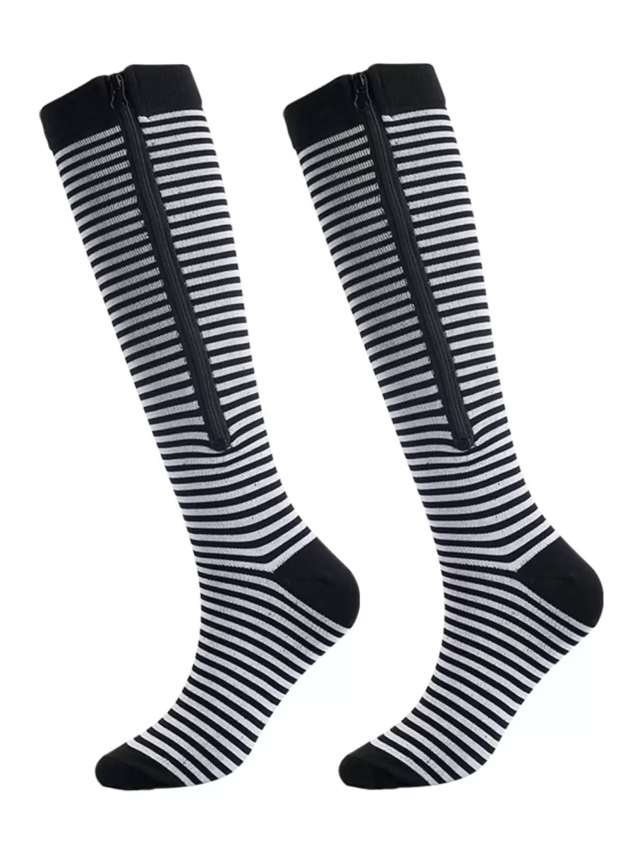 1對中性拉鍊壓縮腿套適用於戶外健身,跑步,騎行,遠足 - 黑與白 - 查看 1