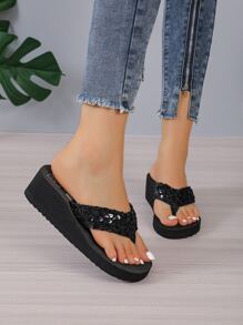 Ladies' Summer Sparkling Slippers, Open Toe Anti-Slip Beach Sandals With Thick Platform And Wedge Heel Valentines