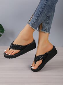 Ladies' Summer Sparkling Slippers, Open Toe Anti-Slip Beach Sandals With Thick Platform And Wedge Heel Valentines