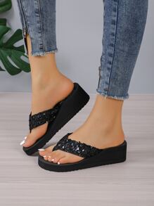 Ladies' Summer Sparkling Slippers, Open Toe Anti-Slip Beach Sandals With Thick Platform And Wedge Heel Valentines