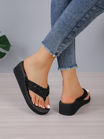 Ladies' Summer Sparkling Slippers, Open Toe Anti-Slip Beach Sandals With Thick Platform And Wedge Heel Valentines