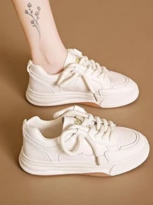 1pair Women's Sports Waterproof Casual Skateboarding Shoes With Front Tie, Solid Color Pu Leather Low-top Outdoor Sneakers, Anti-slip