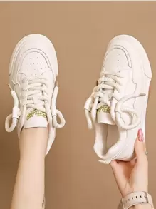 1pair Women's Sports Waterproof Casual Skateboarding Shoes With Front Tie, Solid Color Pu Leather Low-top Outdoor Sneakers, Anti-slip