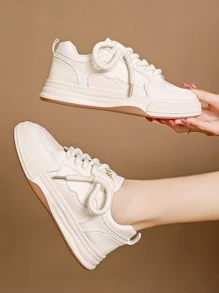 1pair Women's Sports Waterproof Casual Skateboarding Shoes With Front Tie, Solid Color Pu Leather Low-top Outdoor Sneakers, Anti-slip