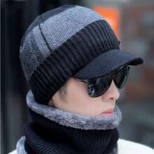 1 套男士黑色加厚针织帽和围巾套装保暖针织帽冬季帽子日常使用 - 黑色 - 查看 3