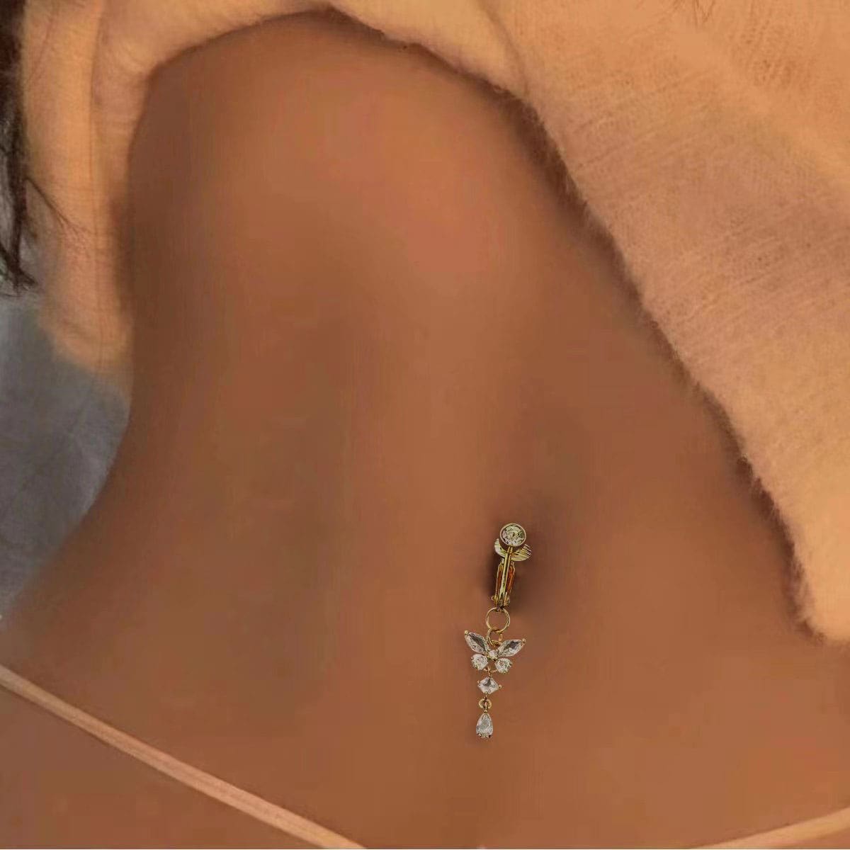 Anillo de ombligo de imitación con diseño de mariposa sin perforación, decoración de piedra, joyería para Piercing corporal - Amarillo Oro - Ver 1