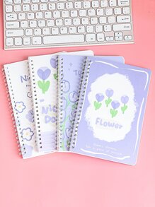 M O K A 4pcs/set A5 Spiral Notebook With Cute Flower Pattern, 60 Sheets Of Lined Pages, Ideal For Office And School Supplies - Blue - View 3